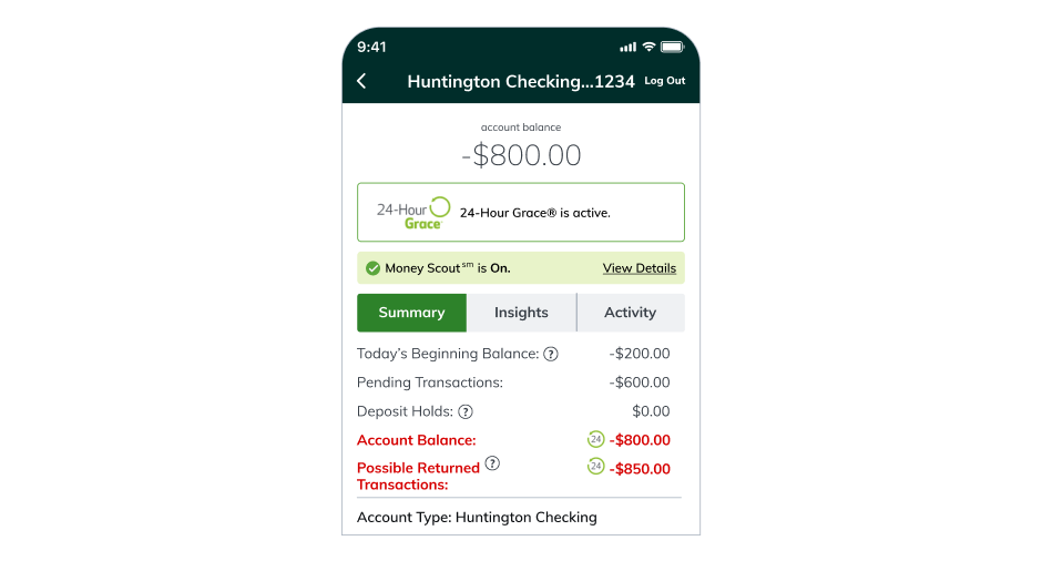 Screenshot of Huntington Mobile app with 24-Hour Grace alert.